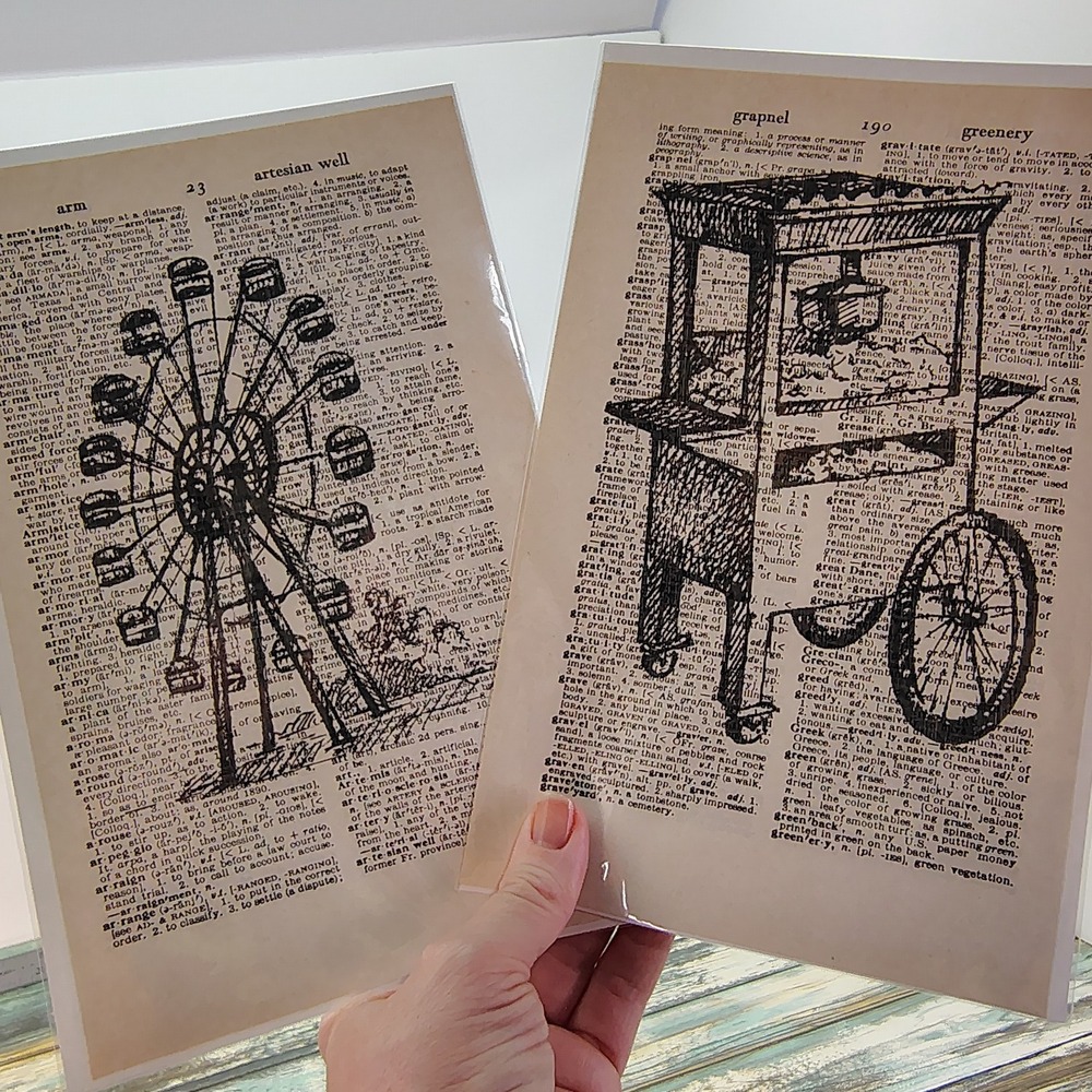 Ferris Wheel and Popcorn‎ Cart Vtg Dictionary Page Decor Carnival Nostalgia Pair